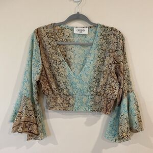 Orlinn Paris 100% Silk Blouse Bell Sleeve Cropped Elastic Waist